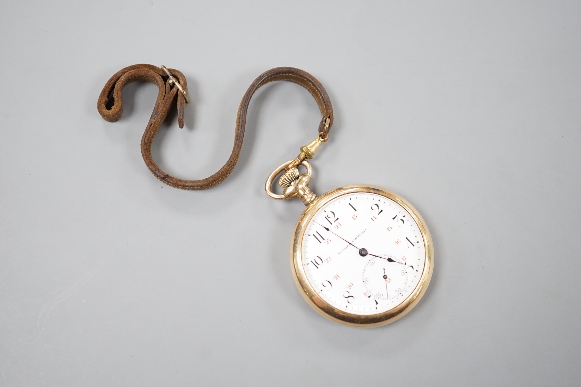 An engine turned gold plated keyless open faced pocket watch, by Rodger & Wright, case diameter 50mm.